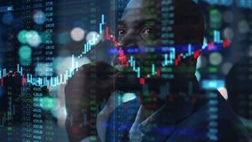 Portrait of Black Stock Market Trader Doing Analysis of Investment Charts, Graphs, Ticker Numbers Projected on His Face. African American Financial Analyst, Digital Entrepreneur Successfully Trading - Powered by Shutterstock - Get 15% off with code: PIKWIZARD15