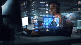 Hologram Screens: Creative Indian Man Using Desktop Computer with Holographic Projection, Multiple Displays Show Websites, Video Streaming Services, Social Media Feed, e-Commerce, e-Learning Content - Powered by Shutterstock - Get 15% off with code: PIKWIZARD15