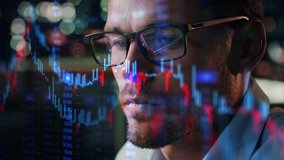 Stock Market Trader Working Investment Charts, Graphs, Ticker, Diagrams Projected on His Face and Reflecting in Glasses. Financial Analyst and Digital Businessman Selling Shorts and Buying Longs - Powered by Shutterstock - Get 15% off with code: PIKWIZARD15