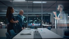 Future Office Online Meeting Video Conference Call: Businesspeople Connect to Augmented Reality Metaverse, Talk to Digital Entrepreneur. e-Business For Virtual Remote Work. Hologram Concept Simulation - Powered by Shutterstock - Get 15% off with code: PIKWIZARD15