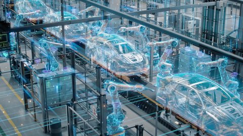Car Factory Digitalization Industry 4.0 5G IOT Concept: Automated Robot Arm Assembly Line Manufacturing High-Tech Electric Vehicles. AI Computer Vision Analyzing, Scanning Production Efficiency