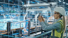 Futuristic Car Factory Digitalization Industry 4.0: Female Automotive Engineer Using Augmented Reality Tablet Computer to Scan Automated Robot Arm Assembly Line Manufacturing Electric Vehicles - Powered by Shutterstock - Get 15% off with code: PIKWIZARD15