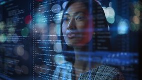 Portrait of Asian Female Startup Digital Entrepreneur Working on Computer, Line of Code Projected on His Face and Reflecting. Software Developer Working on Innovative e-Commerce App using AI, Big Data - Powered by Shutterstock - Get 15% off with code: PIKWIZARD15