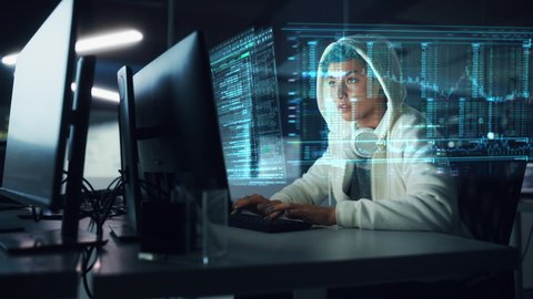 Hologram Screens: Portrait of Young Female IT Specialist Working on PC with Holographic Projection, Multiple Displays Show Coding Language, Backend Programming, Software Creation, Product Development