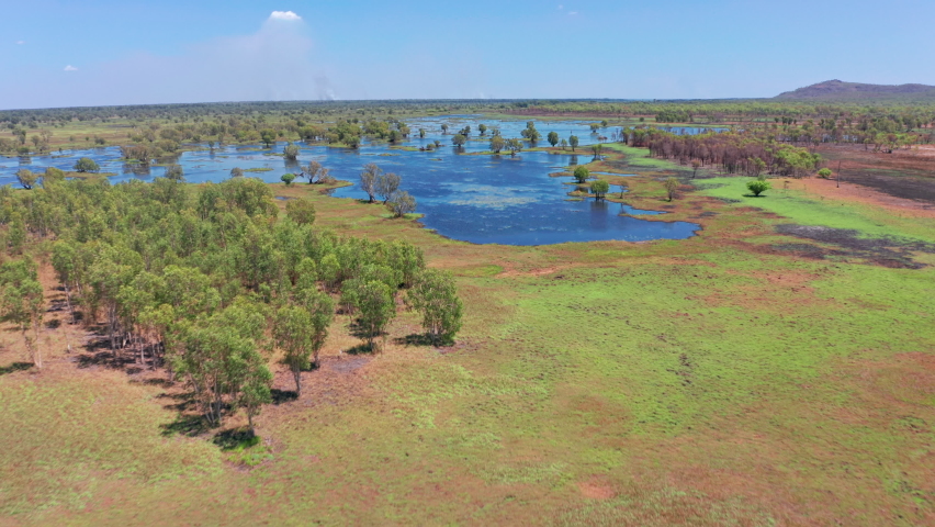 Australia outback nature landscape. Wetland flood plains in Kakadu park Royalty-Free Stock Footage #1083202285