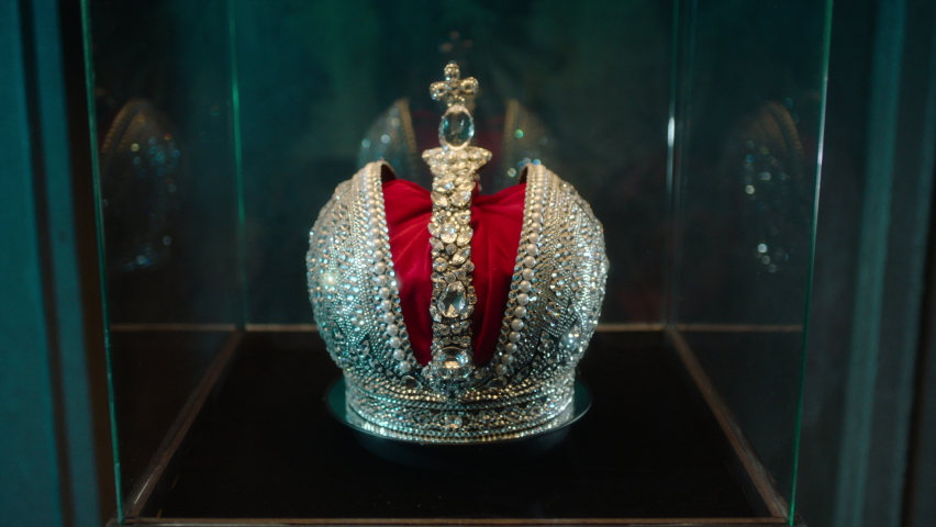 Sparkling Crown of Russian Empire decorated with diamonds and pearls in showcase