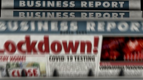 Lockdown COVID-19, closed economy and business crisis in coronavirus pandemic daily newspaper report roll printing. Abstract concept 3d rendering seamless looped animation.