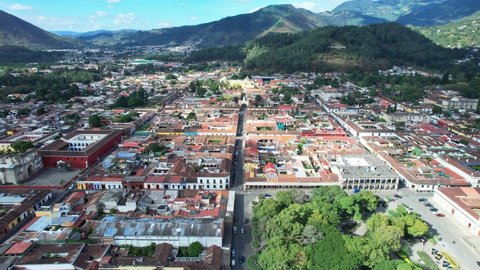 Antigua, Guatemala. 4K Drone. Aerial View Of Colonial Unesco Central American Town.