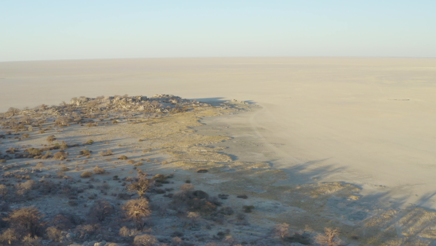 Wide desert empty landscape of the Kubu island in Botswana -Aerial
