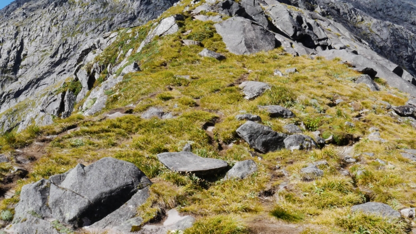 Tilt up shot of wonderful rocky and greened mountain against blue sky in summer - Gertrude Saddle Hike in New Zealand