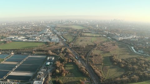Dolly forward drone shot of Lea valley Walthamstow marshes London