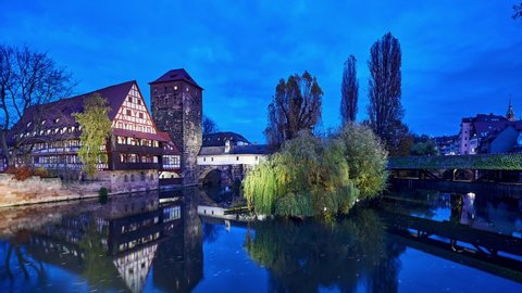 Nuremberg historic city night time-lapse. Germany