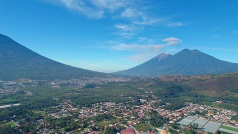 Antigua, Guatemala. 4K Drone. Volcano De Fuego After Small Eruption Near Colonial Town Suburbs.