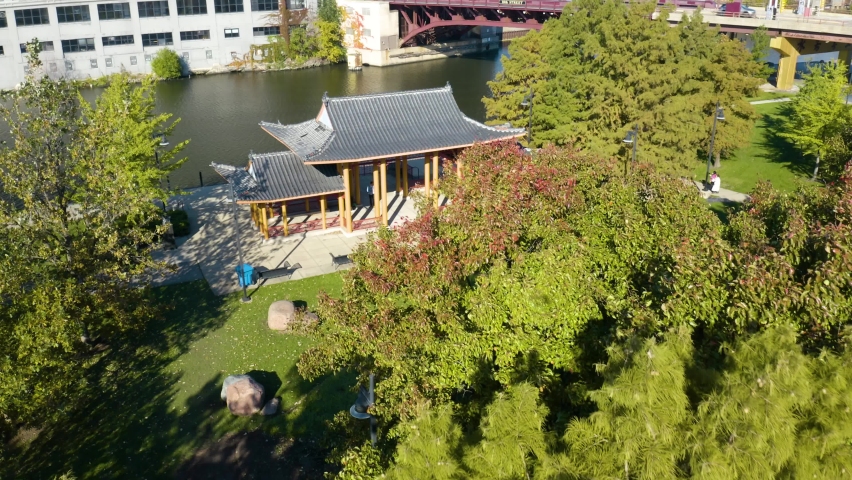 Aerial View of Pagoda Style Pavilion in Urban Park, Chinese Landscape