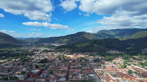 Antigua, Guatemala. 4K Drone.Colonial Unesco City Blocks on Cloudy Day.
