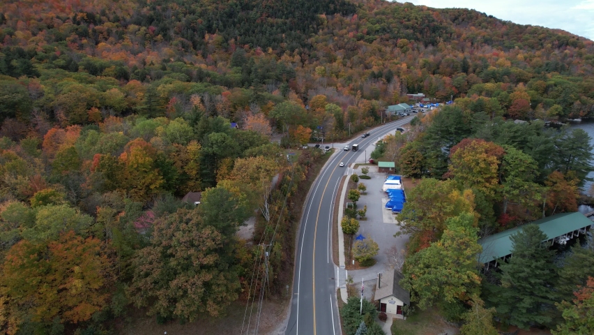 Aerial View, Lakeside Road by Lake Sunapee and Newbury New Hampshire USA at Fall Peak, Cars and Lakefront Houses