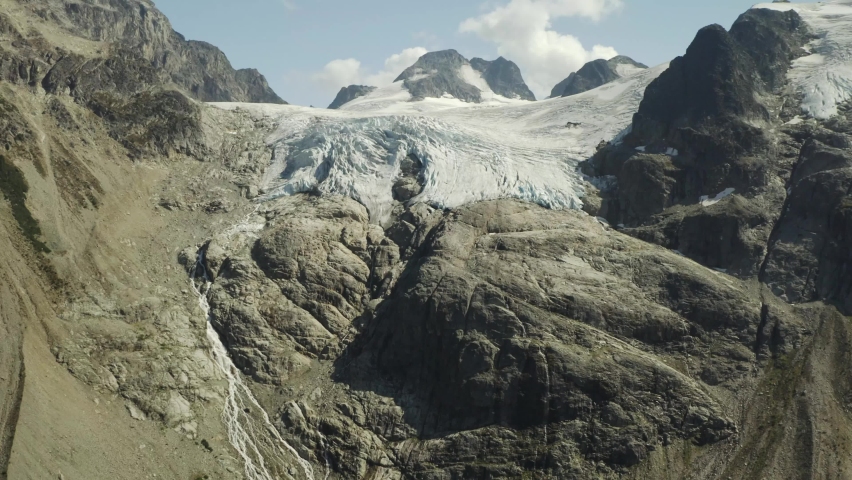 Aerial view of Matier Glacier in Joffre lakes, British Columbia, Canada in 4K