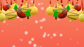 Christmas background with swinging jingle bells, Christmas tree and star. Snowflakes on red gradient screen. Concept for celebrating, wishing and greeting footage.
