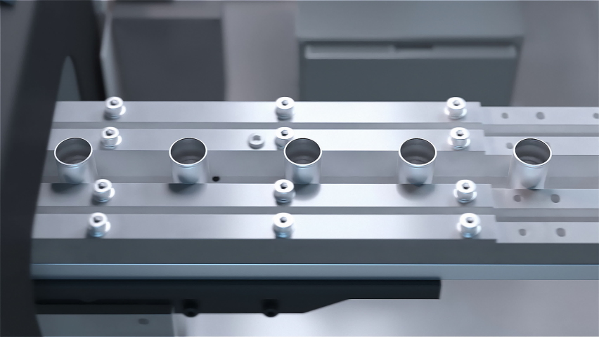 Conveer for the production of lithium ion battery. Stamping of batteries, application of protective coating. Close-up. 3D redering.