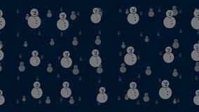 Christmas snowmans float horizontally from left to right. Parallax fly effect. Floating symbols are located randomly. Seamless looped 4k animation on dark blue background