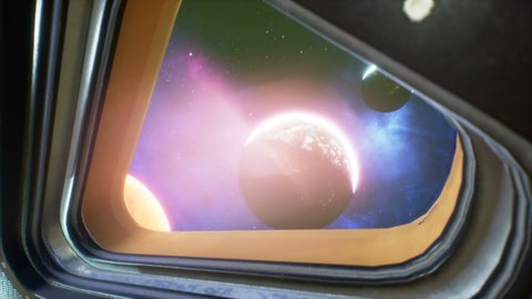 An astronaut in a spaceship admiring through a porthole new exotic planets in a yet uncharted universe. The concept of deep space travel. Animation ideal for sci-fi, space or fantasy backgrounds.