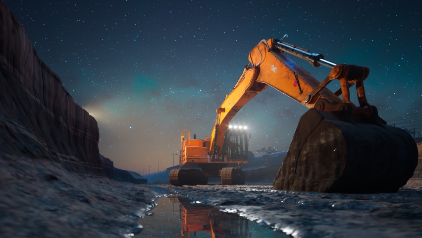 Crawler Excavator Machine with lowered Shovel On Construction Site. The starry night sky in the background. Perfect for Heavy construction, demolition, digging, mining, landscaping, Forestry work. Royalty-Free Stock Footage #1083234967