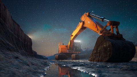 Crawler Excavator Machine with lowered Shovel On Construction Site. The starry night sky in the background. Perfect for Heavy construction, demolition, digging, mining, landscaping, Forestry work.