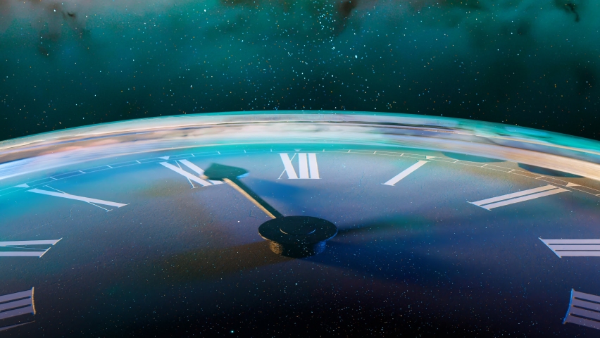 3D animation with the clock face of the old shiny watch on the beautiful night starry sky. Hands of the clock spinning. Time travel concept. Time, space, infinity. Time machine. Fantasy. Infinity.