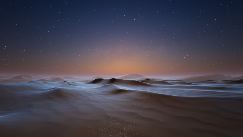 Beautiful desert landscape in cool moonlight at night. The camera flies above sand dunes. A sky full of stars. Desert area. Ecological environment. Drought. Problems with water. Global warming. Royalty-Free Stock Footage #1083235144