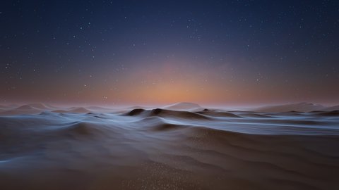Beautiful desert landscape in cool moonlight at night. The camera flies above sand dunes. A sky full of stars. Desert area. Ecological environment. Drought. Problems with water. Global warming.