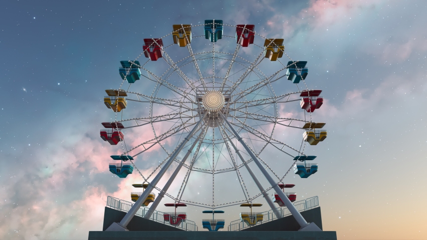 A colourful ferris wheel spinning slowly in an amusement park at night with stars in the background. Entertainment and fun. Endless loop. Recreation carousel at the carnival. Royalty-Free Stock Footage #1083235459