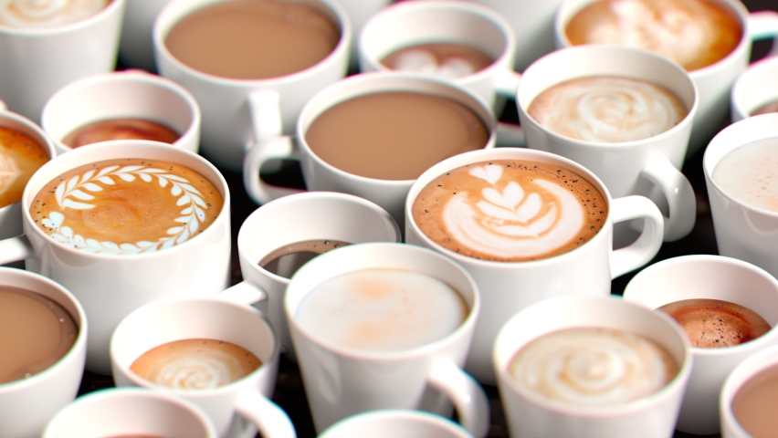 Different coffee drink types. Side view on the dark table with delicious hot beverages in cups. Art latte, cappuccino, americano, espresso, flat white, mocha, cortado. Cafeteria, barista. Caffeine. | Shutterstock HD Video #1083235537