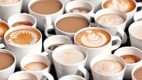 Different coffee drink types. Side view on the dark table with delicious hot beverages in cups. Art latte, cappuccino, americano, espresso, flat white, mocha, cortado. Cafeteria, barista. Caffeine. - Powered by Shutterstock - Get 15% off with code: PIKWIZARD15