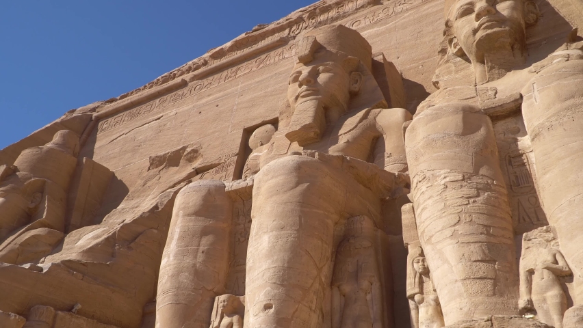 Aswan, Egypt : Great Abu Simbel temple of Pharaoh Ramses II in southern Egypt in Nubia next to Lake Nasser. Royalty-Free Stock Footage #1083248395