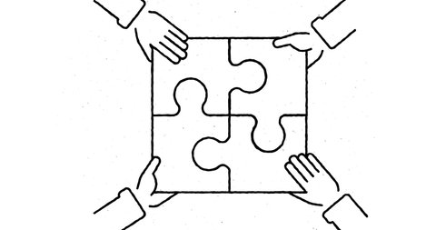 Teamwork. Puzzle, business solution, team working. Outline 2d, animation, cartoon, illustration, sketch, clip art, vector. Web page sign in black and white. Alpha channel. Time lapse. Copy space.の動画素材