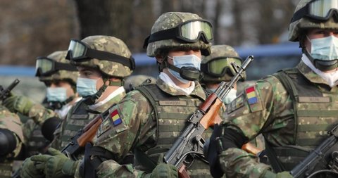 Bucharest, Romania - 1 December, 2021: Romanian army special forces soldiers prepare for the Romanian national day military parade.