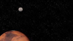 Space video of the red planet Marte with an artificial satellite and a large meteorite crossing space on a black starry background and Jupiter,