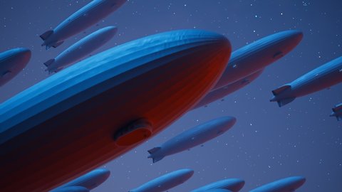 Seamless looping animation with a huge number of zeppelin airships on the starry sky background. Futuristic flying machines. Large air vehicles. A fleet of blimps moving in one direction. Dirigibles