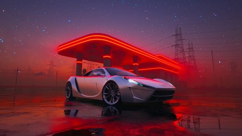 Cinematic scene of the fancy sports car at the red neon-lighted gas station after the sunset. The beautiful colourful sky full of stars. Refuelling station with car parking at night. Travelling.