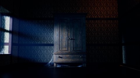 A horror scene with monsters in the wardrobe. Dark scary room at night in the moonlight. Closet doors opened. Big eyes in the darkness. Mystery. Halloween concept. Nightmare. Fear. Spooky surreal tale