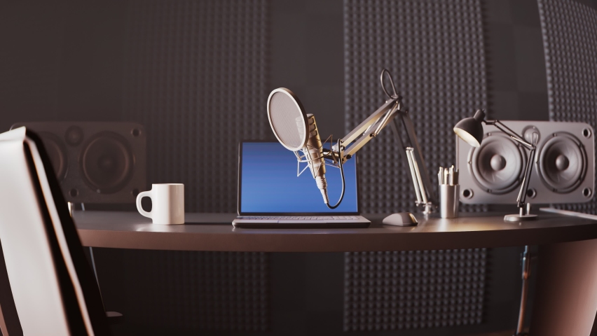 Podcast audio recording items in a climatic broadcasting home studio. Professional microphone, laptop on the table in a studio with grey walls. Soft ambient light. Audio record. Journalism.