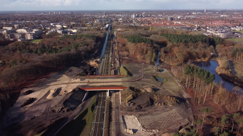 Eco wildlife passage bridge under construction in Hilversum, the Netherlands. This will be a bridge over the railway to connect wildlife parks with each other