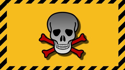 A 4k animation video of a skull and crossbones spinning in and out of the screen alternated by text "DANGER" against a yellow and black chevron framed board.