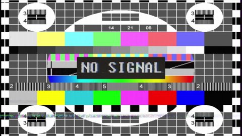 Source No signal old vintage TV. TV test pattern. Glitch Error Video Damage. No signal sign. Bad interference. Broken antenna. Distortion and Flickering, analog TV signal. Static color noise.