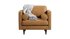 Circular animation of scandinavian leather chair. Brown leather upholstery armchair with pillows and throw plaid on white background. Mid-century, Loft, Chalet, Scandinavian interior. 3d render - Powered by Shutterstock - Get 15% off with code: PIKWIZARD15