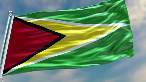 Guyana flag waving in the wind with high-quality texture in 4K UHD National Flag. Realistic Animation of Flag of Guyana with moving clouds blue sky background