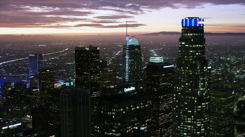 
Los Angeles, California, Circa 2019: Aerial View of Skyscrapers in the Financial District. US Bank tower, Citi Bank, Deloitte,  Union Bank. Skyscrapers at Dusk.