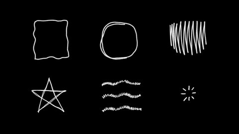 Set of Animated Hand Drawn  Elements,  circles, star, frames, borders and elements for selecting text. White design elements isolated on black background.
