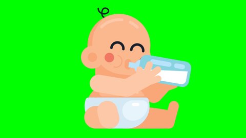 Animation of Cute little baby drinking milk from bottle in sitting position. baby boy holding milk bottle. Flat style cartoon animation video on green screen background.
