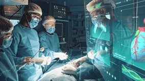Group of professinal surgeon and nurses performing necessary heart surgery at clinic. 3D render animated heart anatomy holographic virtual scan touchscreen. Augmented reality. Medical industry. - Powered by Shutterstock - Get 15% off with code: PIKWIZARD15